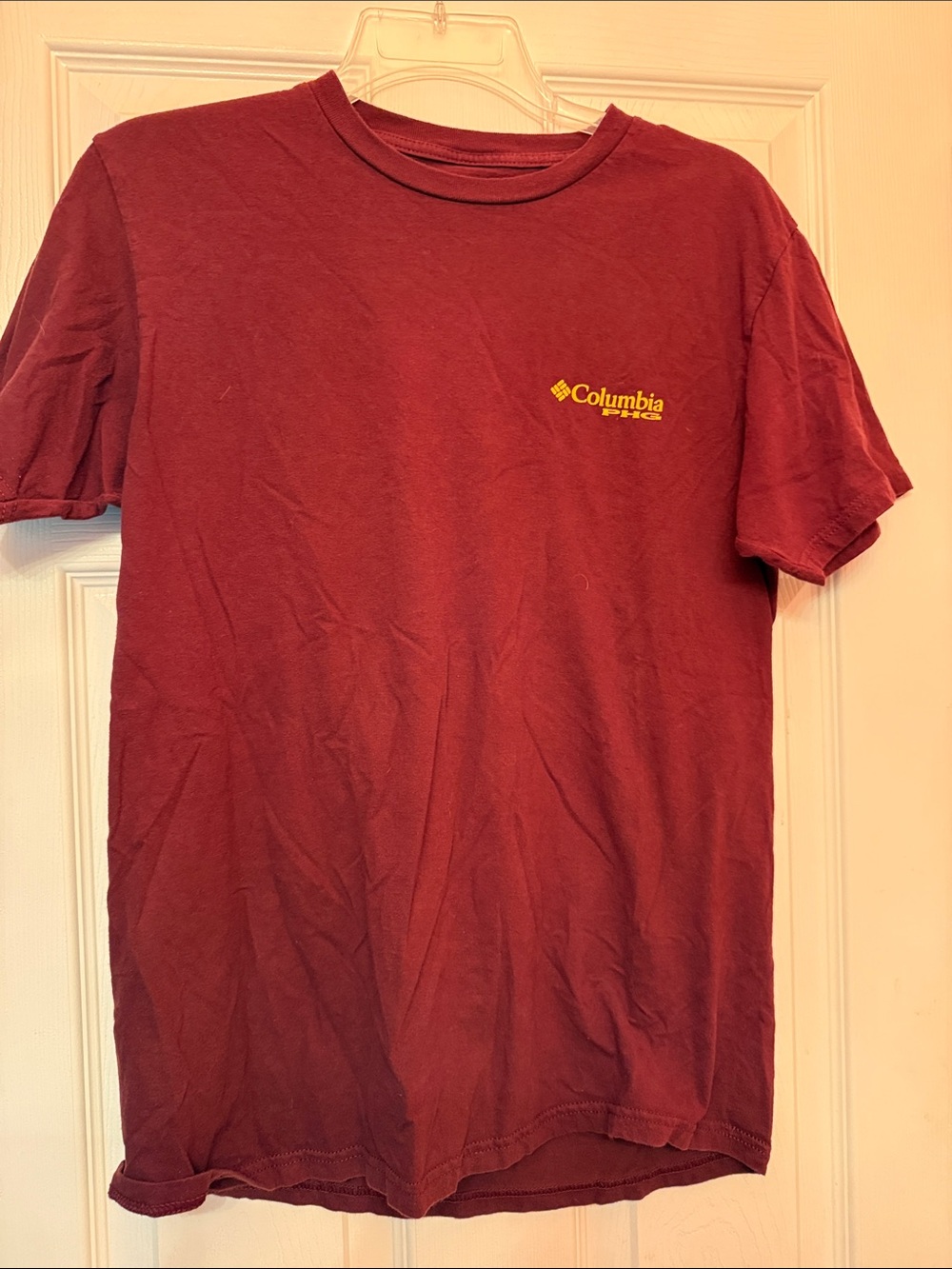 Columbia Short Sleeve Tee in Deep Red with Yellow Logo